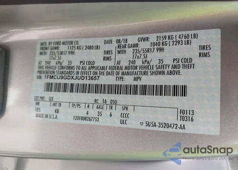 2018 Ford Escape Se z USA, uszkodzony, nr VIN 1FMCU9GDXJUD13657